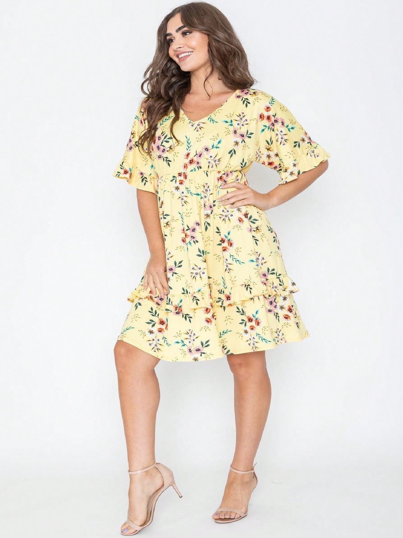 Vintage Navy Pink Yellow White Charcoal Floral Ruffle Trim Midi Dress | S-3X