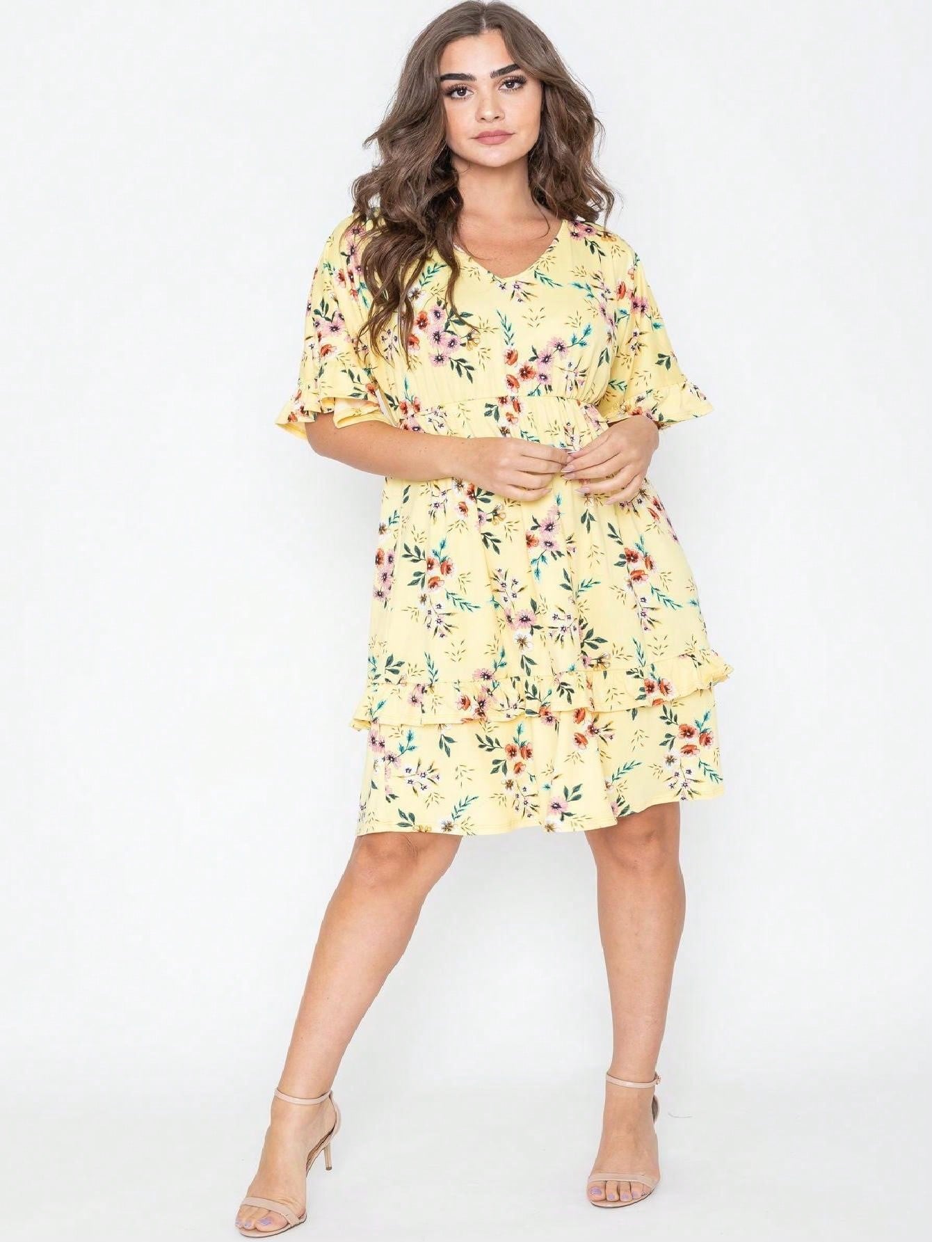 Vintage Navy Pink Yellow White Charcoal Floral Ruffle Trim Midi Dress | S-3X