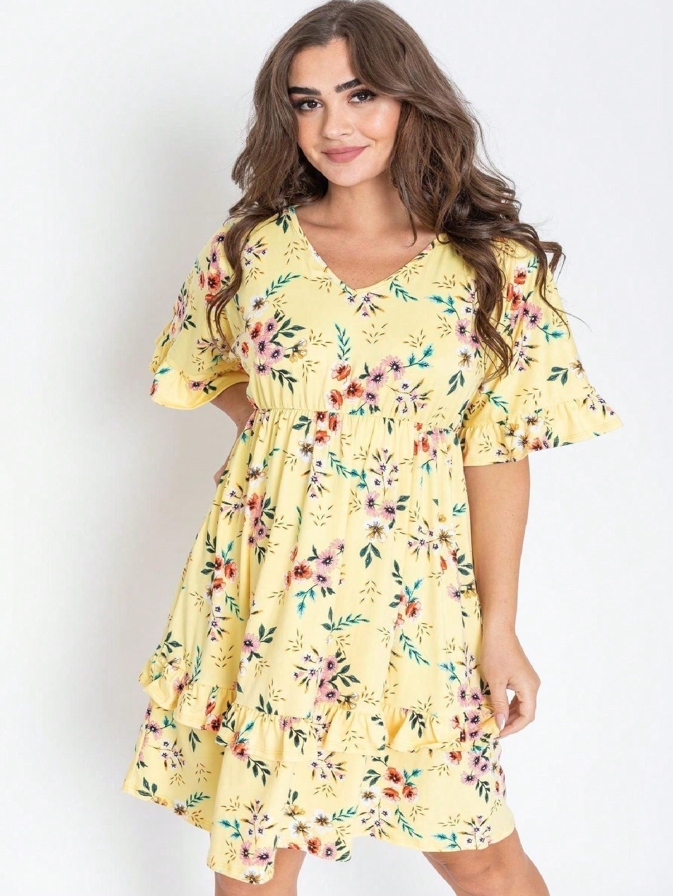 Vintage Navy Pink Yellow White Charcoal Floral Ruffle Trim Midi Dress | S-3X