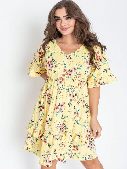 Vintage Navy Pink Yellow White Charcoal Floral Ruffle Trim Midi Dress | S-3X