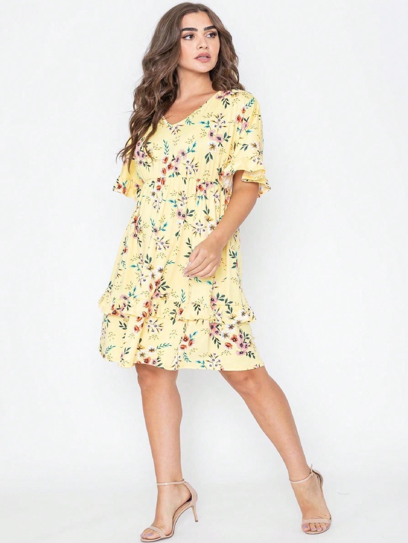 Vintage Navy Pink Yellow White Charcoal Floral Ruffle Trim Midi Dress | S-3X