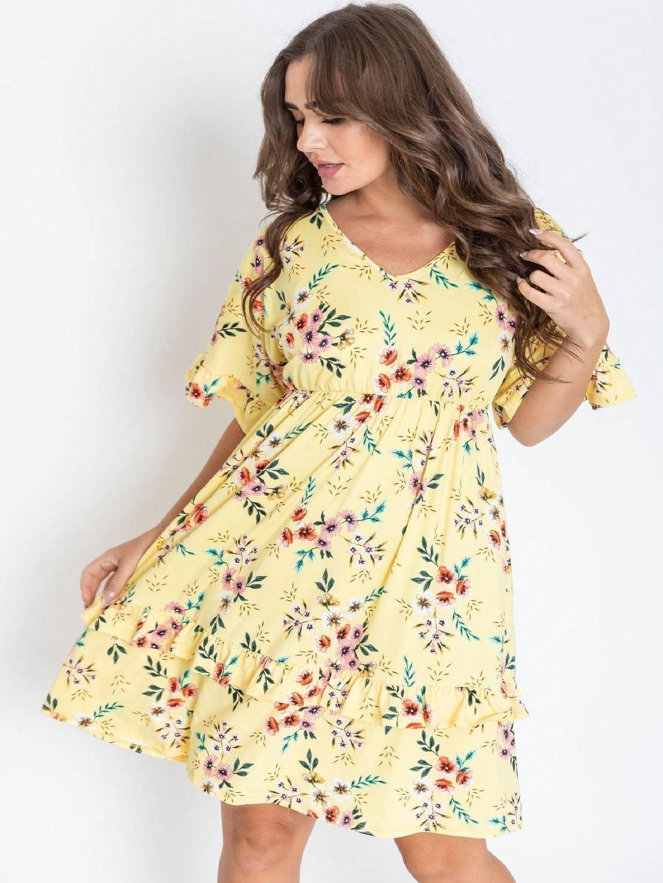 Vintage Navy Pink Yellow White Charcoal Floral Ruffle Trim Midi Dress | S-3X
