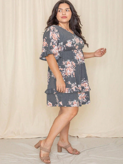 Vintage Navy Pink Yellow White Charcoal Floral Ruffle Trim Midi Dress | S-3X