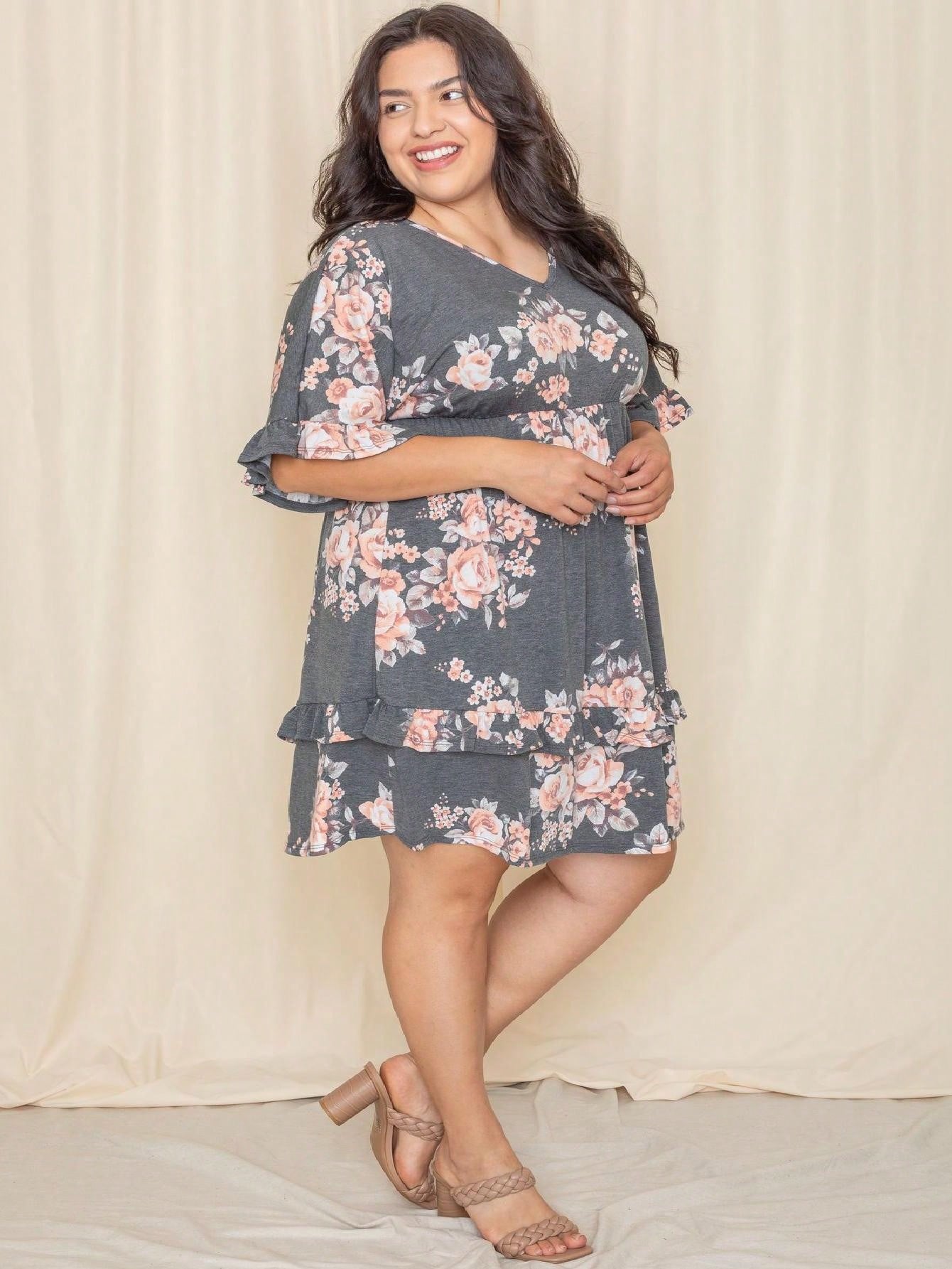 Vintage Navy Pink Yellow White Charcoal Floral Ruffle Trim Midi Dress | S-3X