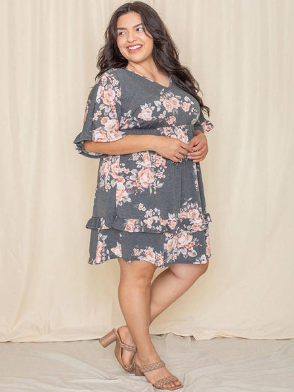Vintage Navy Pink Yellow White Charcoal Floral Ruffle Trim Midi Dress | S-3X