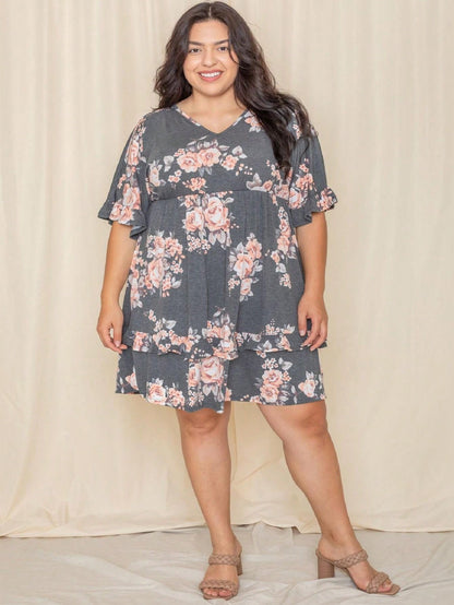 Vintage Navy Pink Yellow White Charcoal Floral Ruffle Trim Midi Dress | S-3X