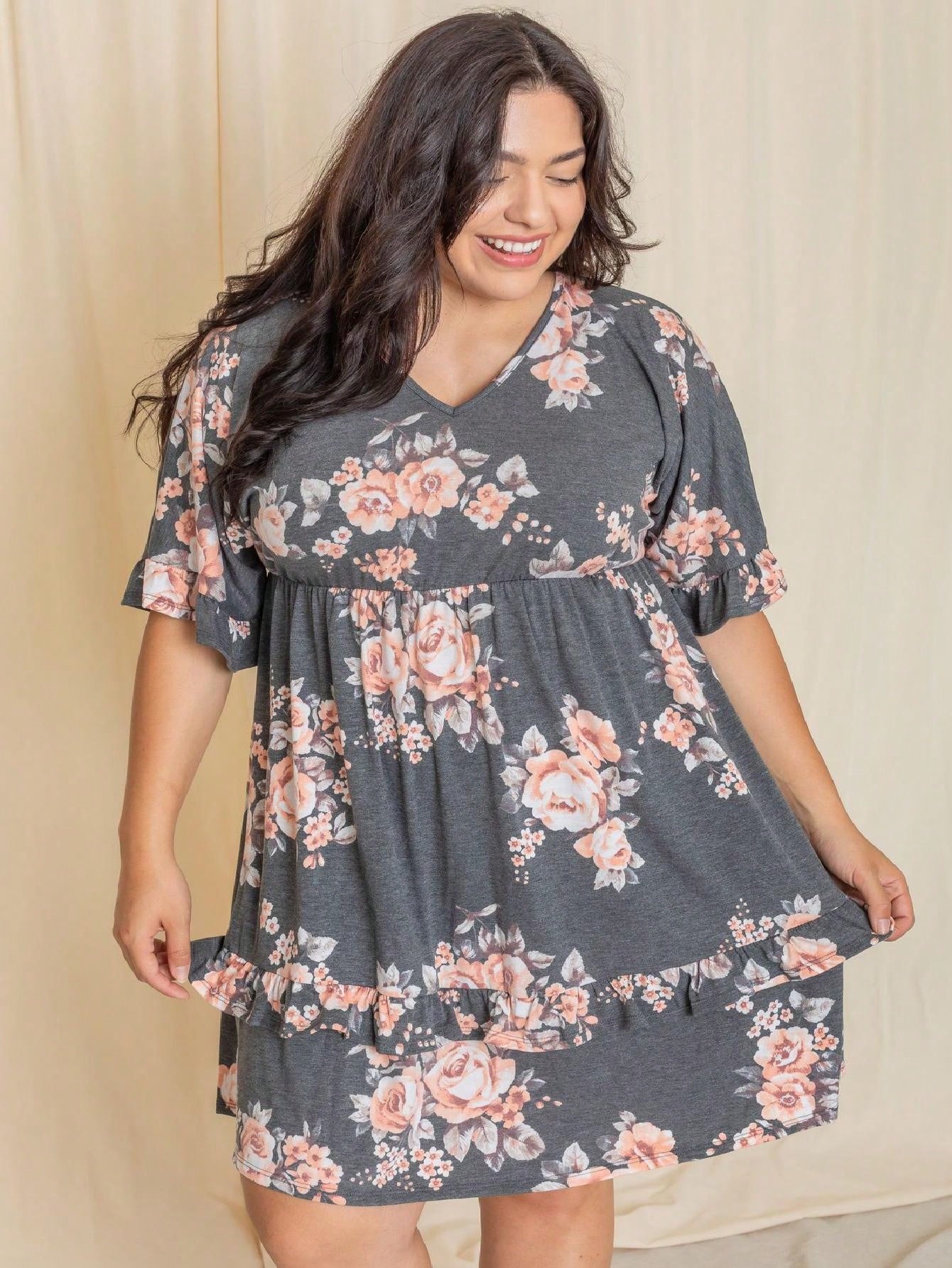 Vintage Navy Pink Yellow White Charcoal Floral Ruffle Trim Midi Dress | S-3X