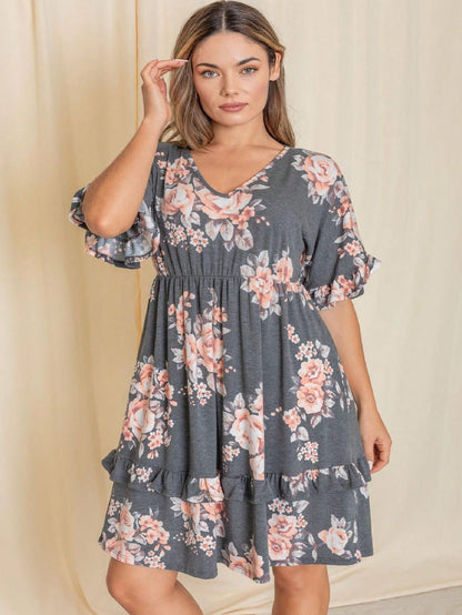 Vintage Navy Pink Yellow White Charcoal Floral Ruffle Trim Midi Dress | S-3X