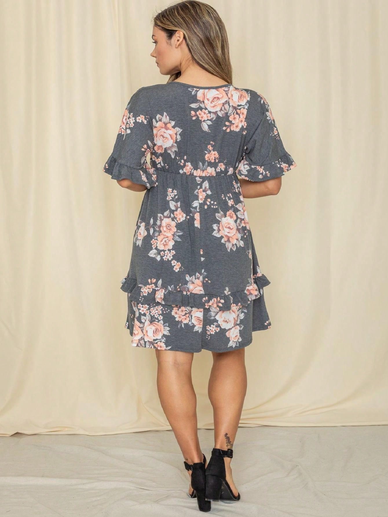 Vintage Navy Pink Yellow White Charcoal Floral Ruffle Trim Midi Dress | S-3X