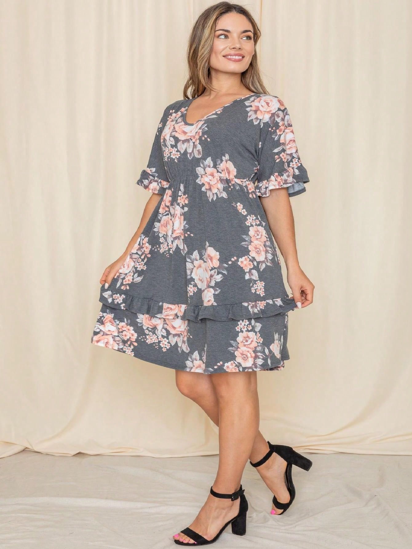 Vintage Navy Pink Yellow White Charcoal Floral Ruffle Trim Midi Dress | S-3X