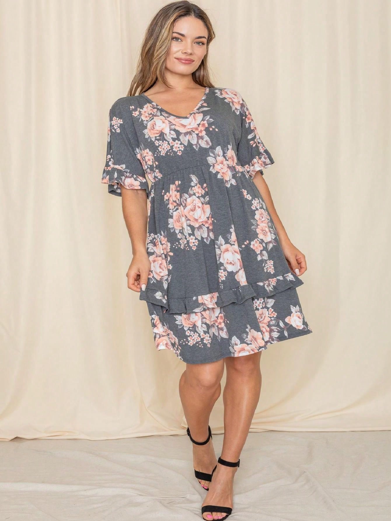 Vintage Navy Pink Yellow White Charcoal Floral Ruffle Trim Midi Dress | S-3X