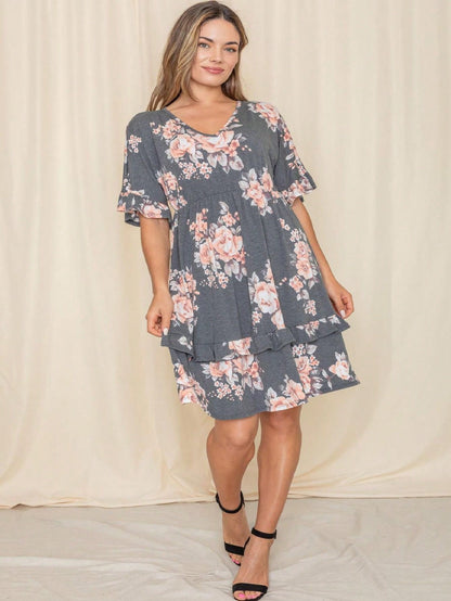 Vintage Navy Pink Yellow White Charcoal Floral Ruffle Trim Midi Dress | S-3X