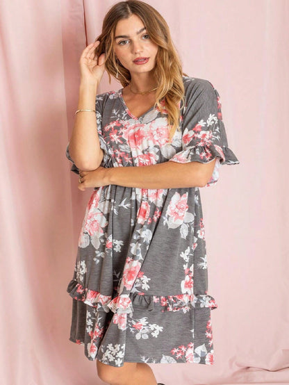 Vintage Navy Pink Yellow White Charcoal Floral Ruffle Trim Midi Dress | S-3X