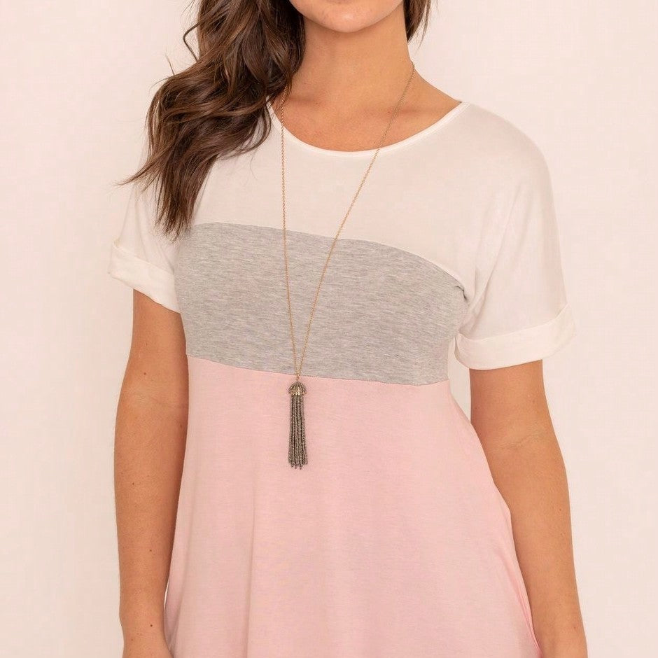 Oatmeal Mint Pink Color Block Folded Cuff Tunic For Leggings Shorts And Jeans  | 7 Colors | S-3X