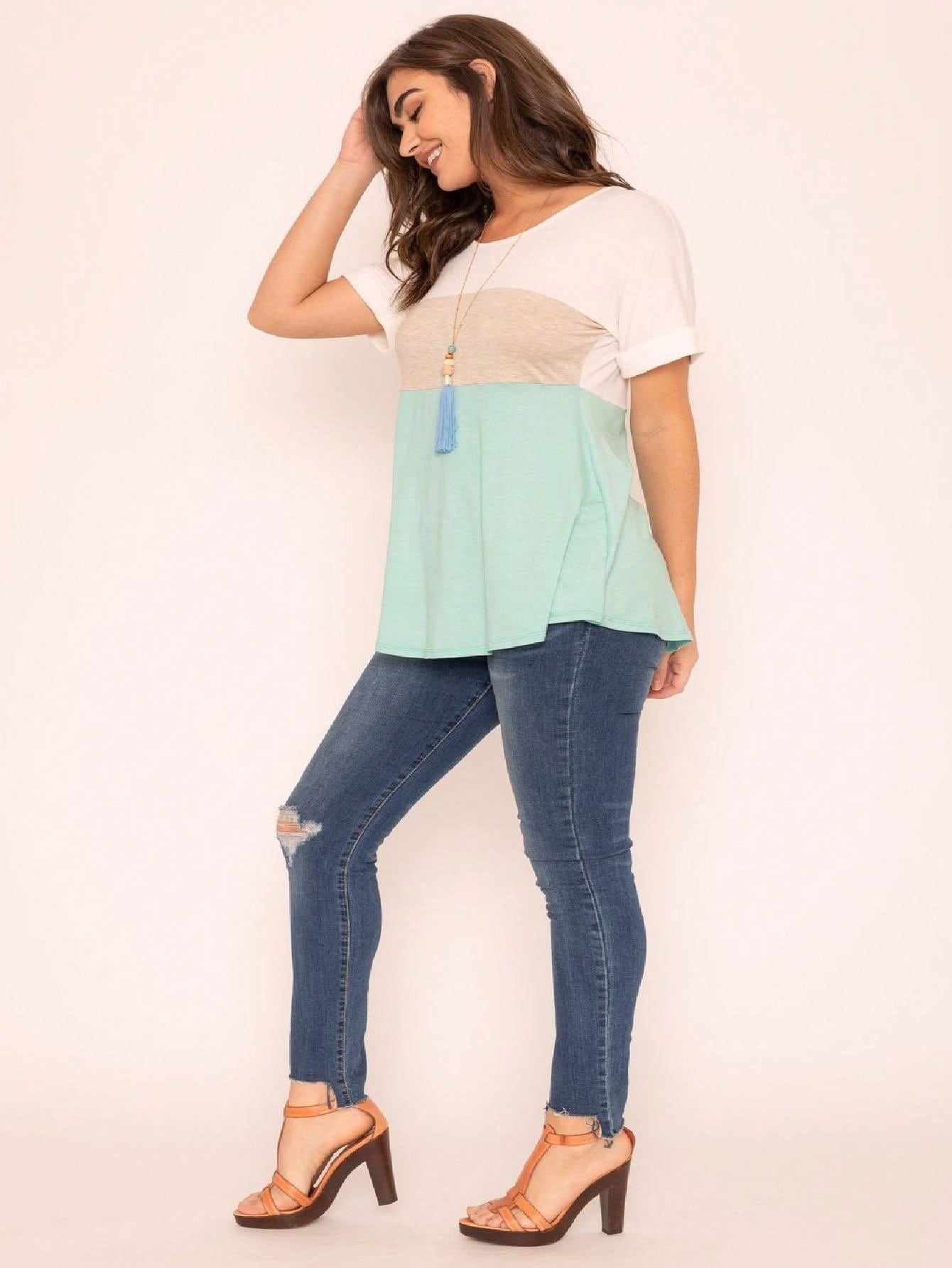 Oatmeal Mint Pink Color Block Folded Cuff Tunic For Leggings Shorts And Jeans  | 7 Colors | S-3X