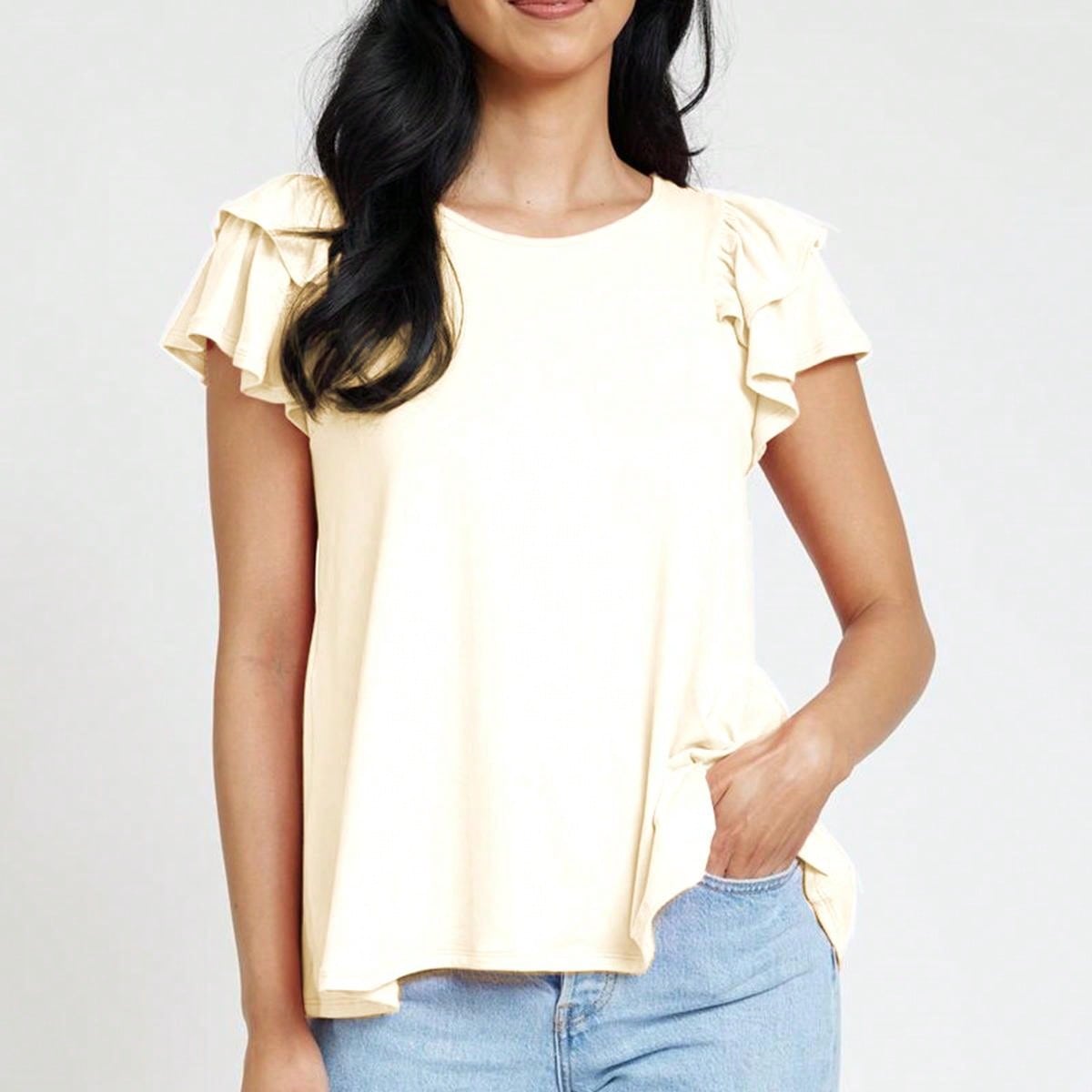 Soft Solid Double Ruffle Sleeve Shirt Top For  Shorts And Jeans  | 7 Colors | S-3X