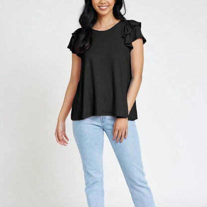 Soft Solid Double Ruffle Sleeve Shirt Top For  Shorts And Jeans  | 7 Colors | S-3X