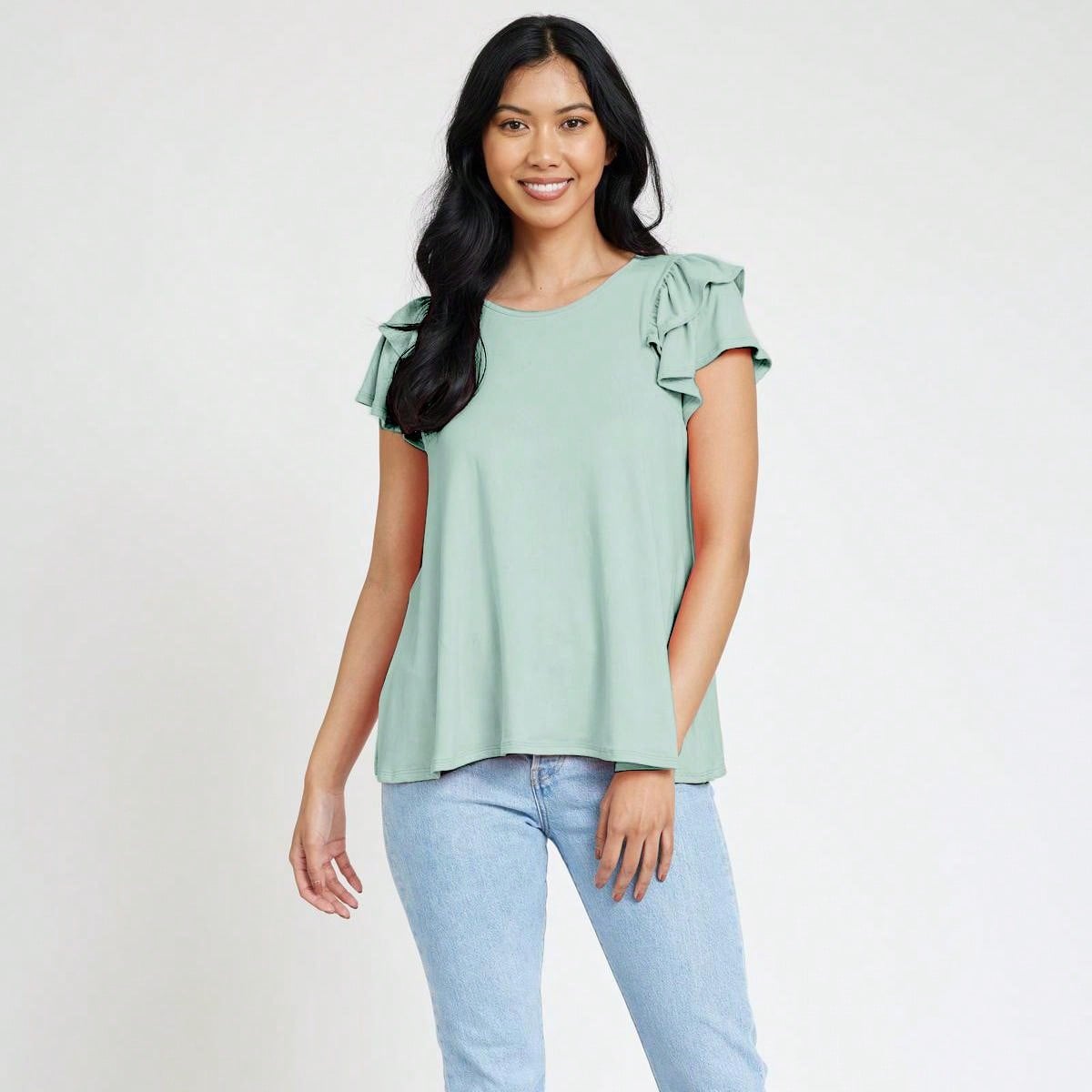 Soft Solid Double Ruffle Sleeve Shirt Top For  Shorts And Jeans  | 7 Colors | S-3X