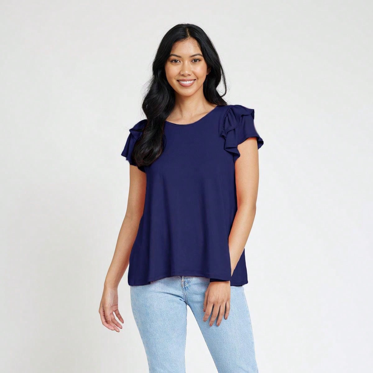Soft Solid Double Ruffle Sleeve Shirt Top For  Shorts And Jeans  | 7 Colors | S-3X