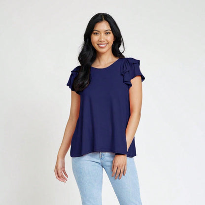 Soft Solid Double Ruffle Sleeve Shirt Top For  Shorts And Jeans  | 7 Colors | S-3X