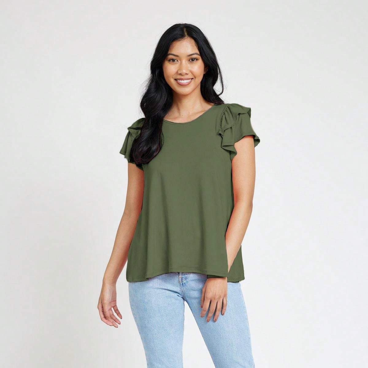 Soft Solid Double Ruffle Sleeve Shirt Top For  Shorts And Jeans  | 7 Colors | S-3X