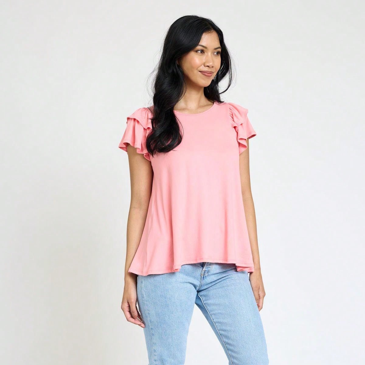 Soft Solid Double Ruffle Sleeve Shirt Top For  Shorts And Jeans  | 7 Colors | S-3X
