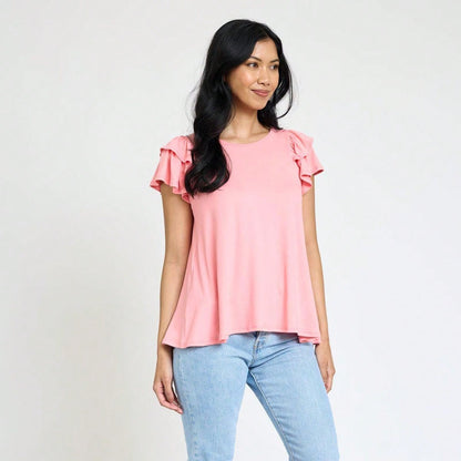 Soft Solid Double Ruffle Sleeve Shirt Top For  Shorts And Jeans  | 7 Colors | S-3X