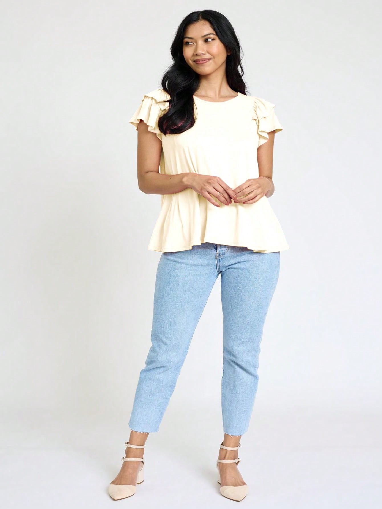 Soft Solid Double Ruffle Sleeve Shirt Top For  Shorts And Jeans  | 7 Colors | S-3X