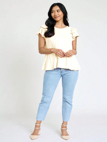 Soft Solid Double Ruffle Sleeve Shirt Top For  Shorts And Jeans  | 7 Colors | S-3X