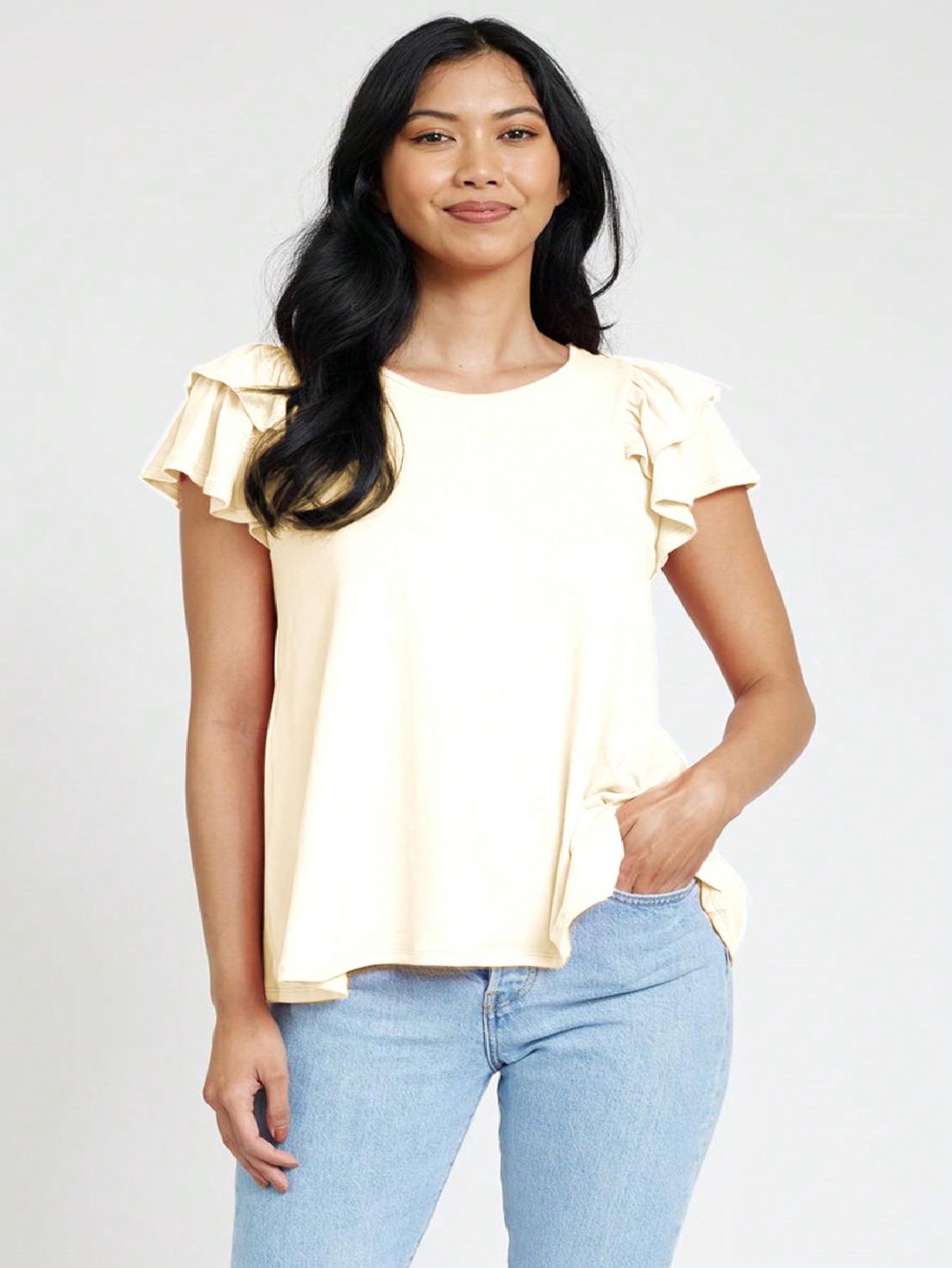 Soft Solid Double Ruffle Sleeve Shirt Top For  Shorts And Jeans  | 7 Colors | S-3X