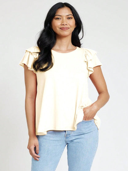 Soft Solid Double Ruffle Sleeve Shirt Top For  Shorts And Jeans  | 7 Colors | S-3X