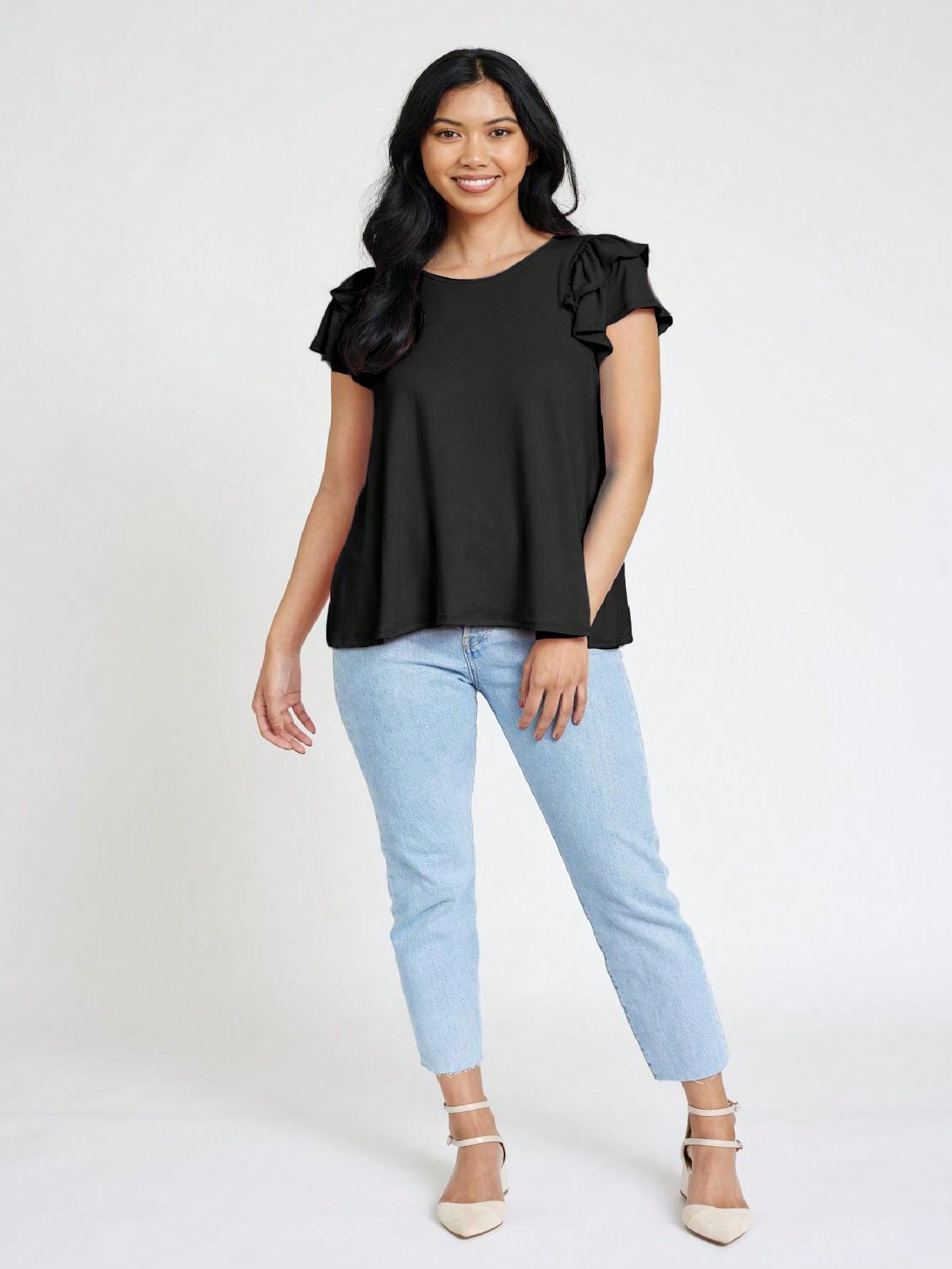 Soft Solid Double Ruffle Sleeve Shirt Top For  Shorts And Jeans  | 7 Colors | S-3X