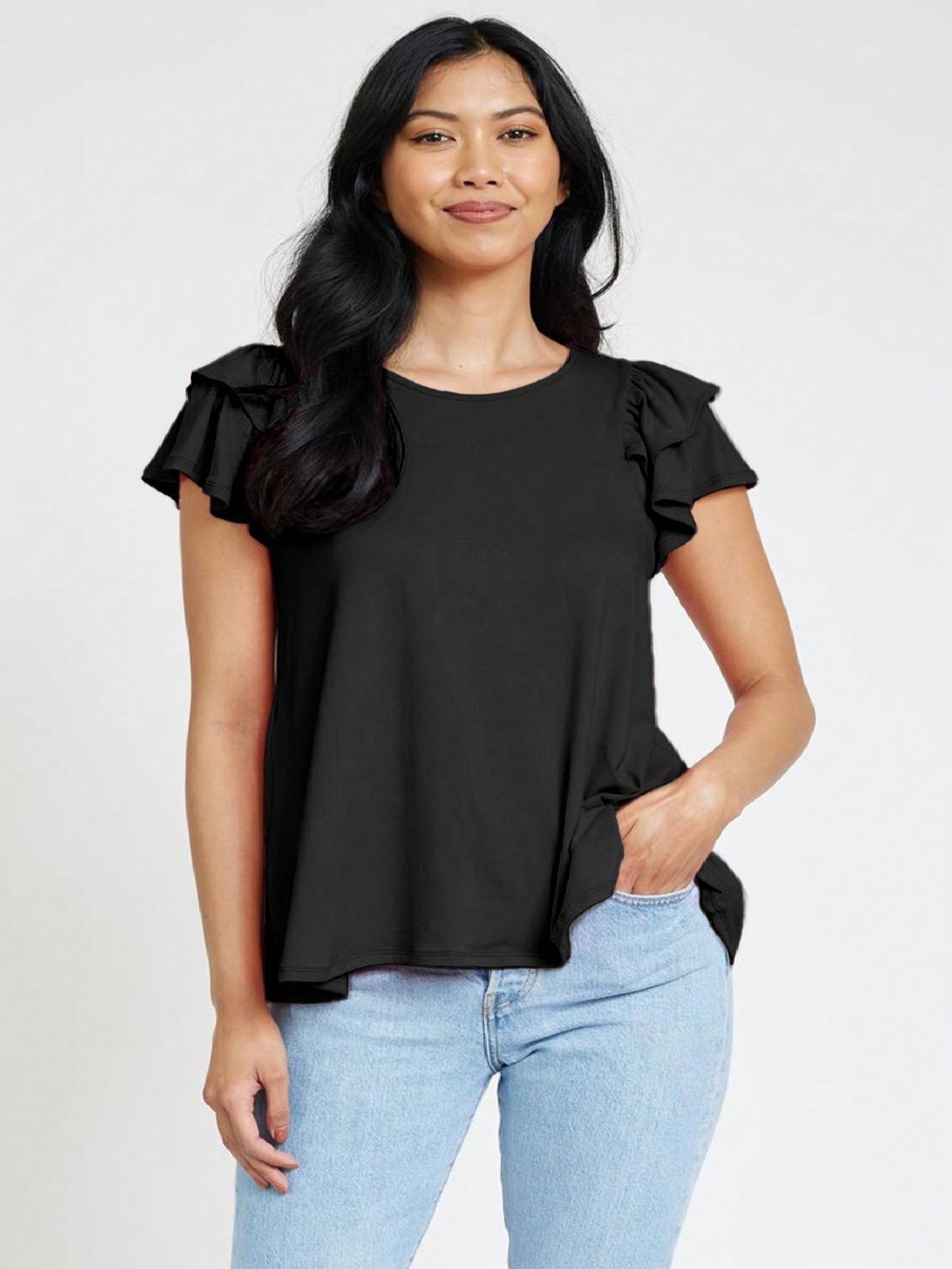 Soft Solid Double Ruffle Sleeve Shirt Top For  Shorts And Jeans  | 7 Colors | S-3X
