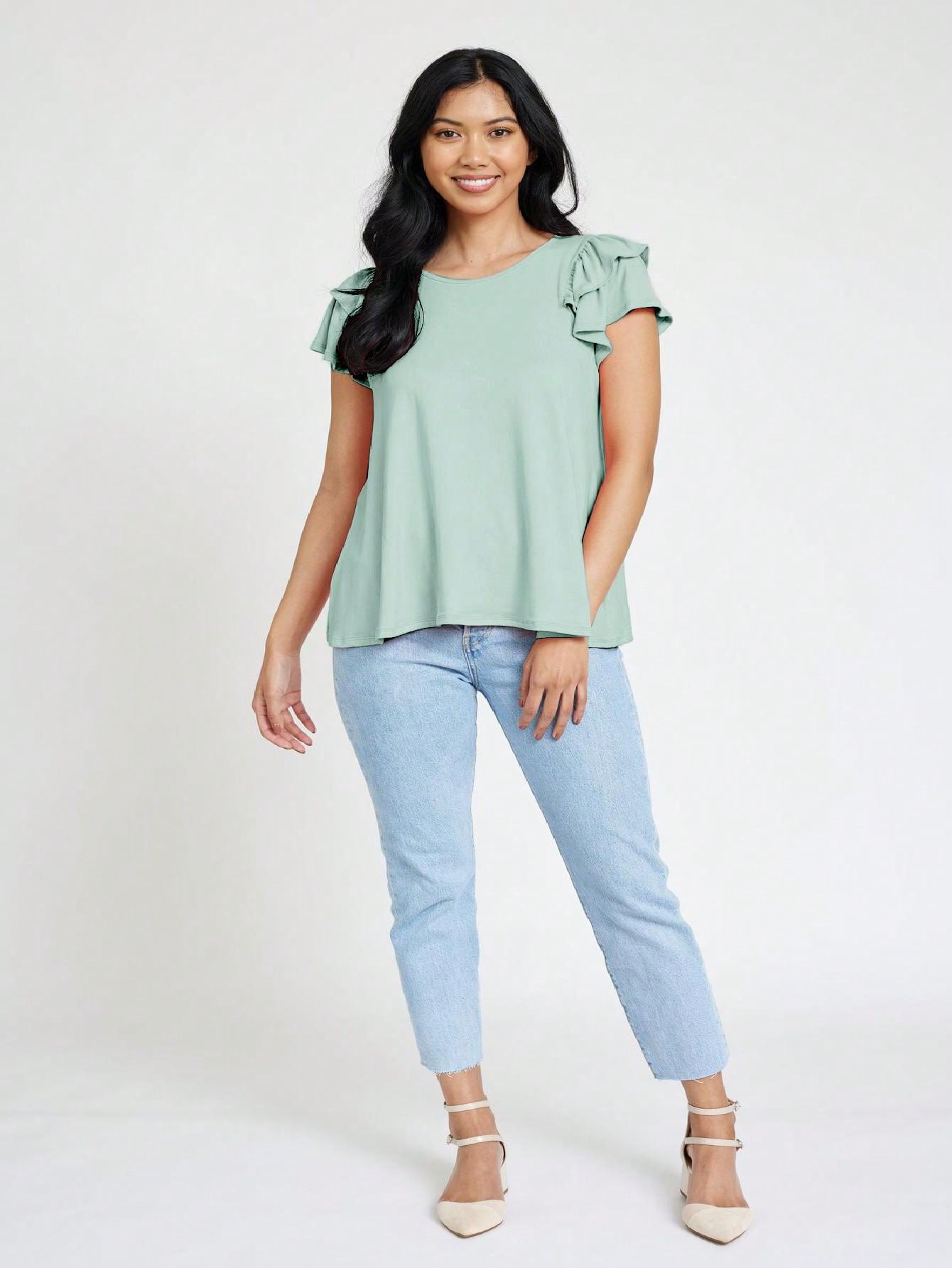 Soft Solid Double Ruffle Sleeve Shirt Top For  Shorts And Jeans  | 7 Colors | S-3X