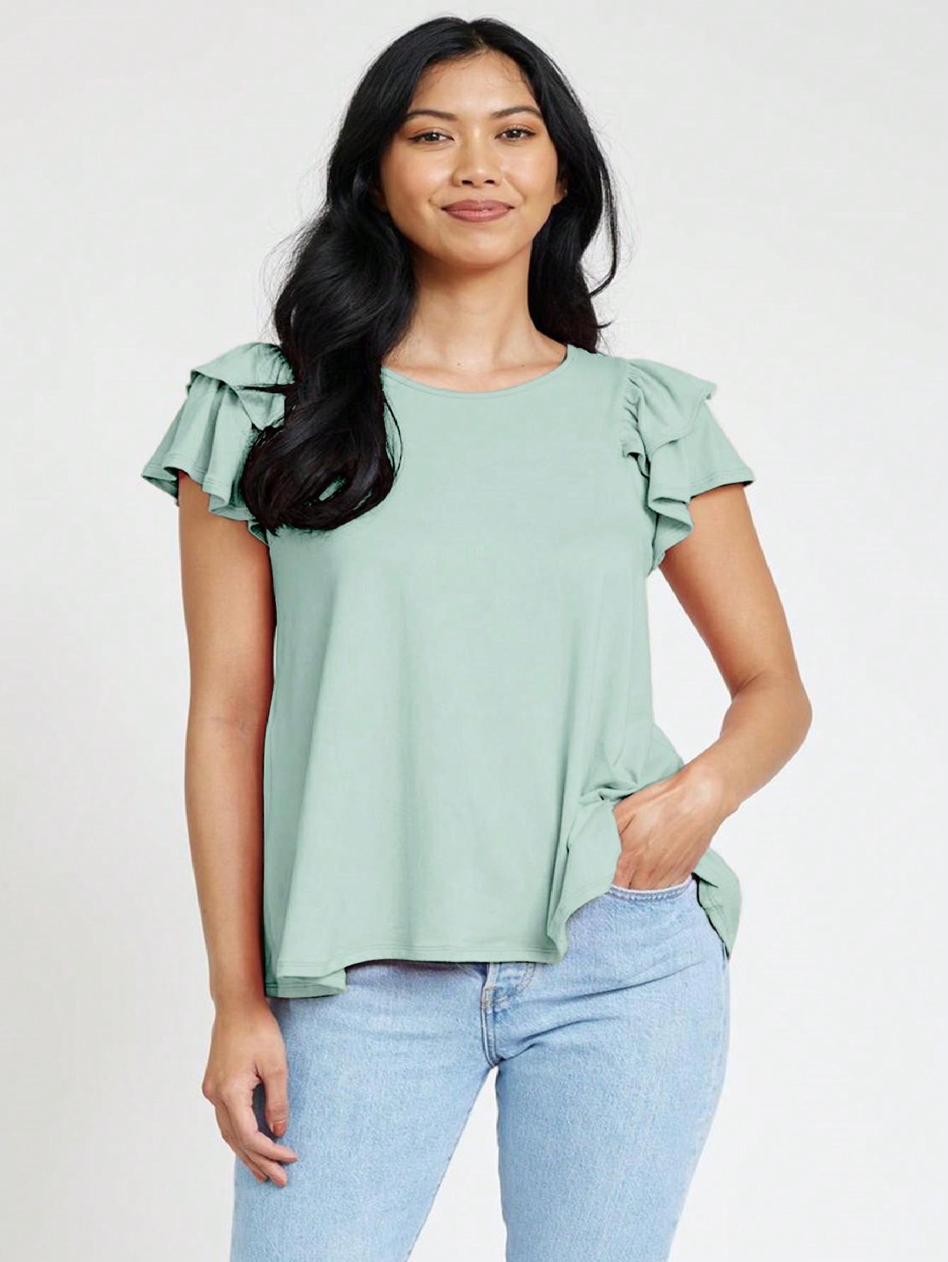 Soft Solid Double Ruffle Sleeve Shirt Top For  Shorts And Jeans  | 7 Colors | S-3X