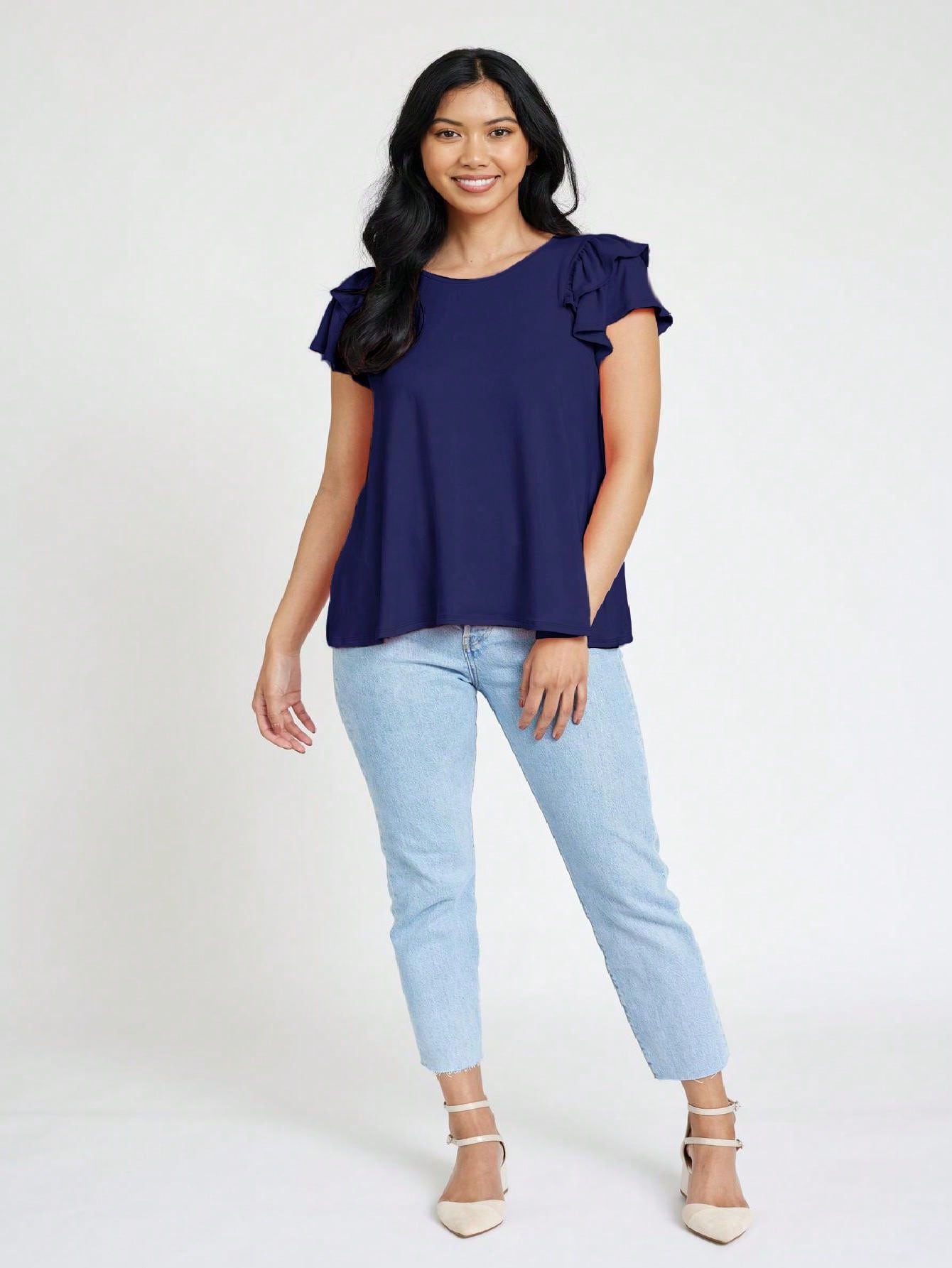 Soft Solid Double Ruffle Sleeve Shirt Top For  Shorts And Jeans  | 7 Colors | S-3X
