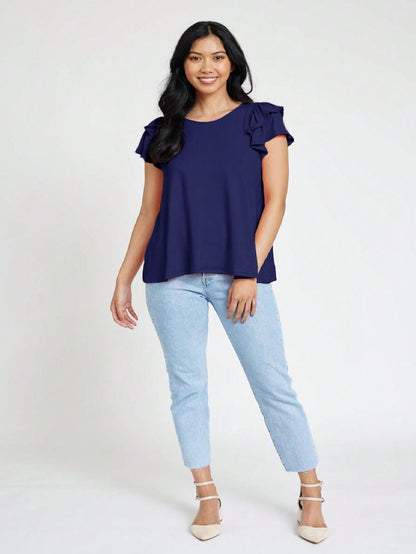 Soft Solid Double Ruffle Sleeve Shirt Top For  Shorts And Jeans  | 7 Colors | S-3X