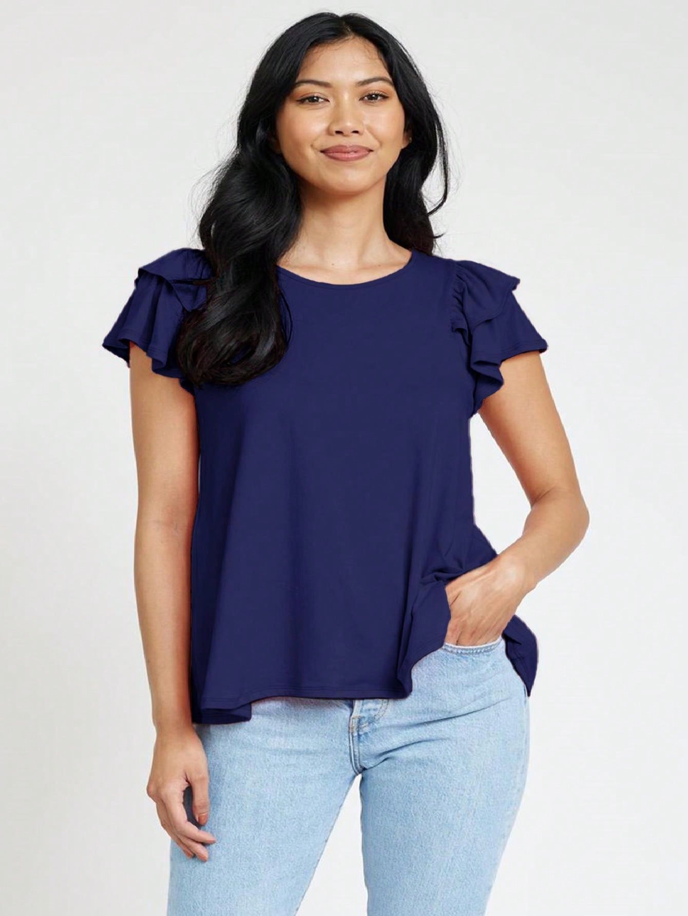 Soft Solid Double Ruffle Sleeve Shirt Top For  Shorts And Jeans  | 7 Colors | S-3X