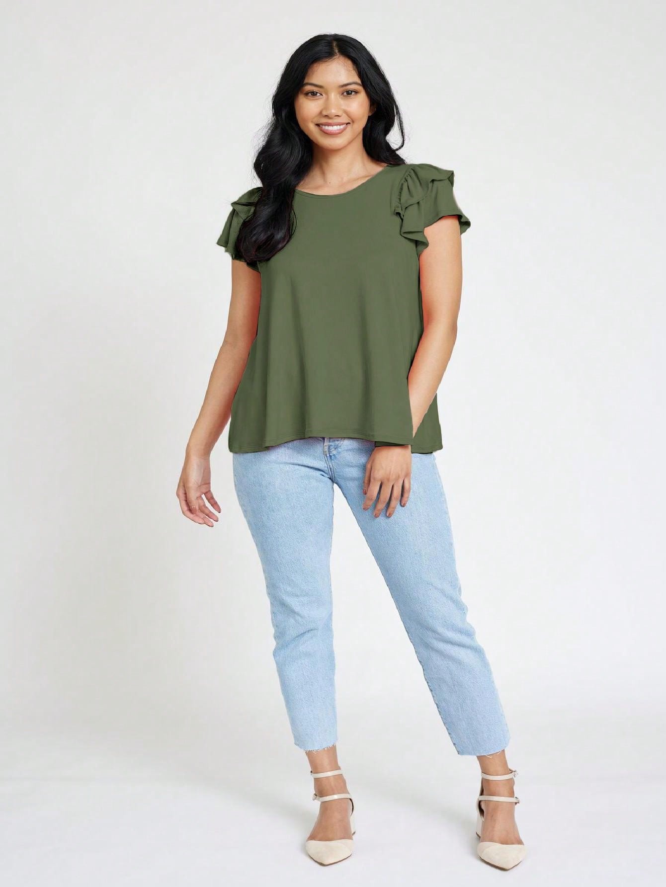 Soft Solid Double Ruffle Sleeve Shirt Top For  Shorts And Jeans  | 7 Colors | S-3X