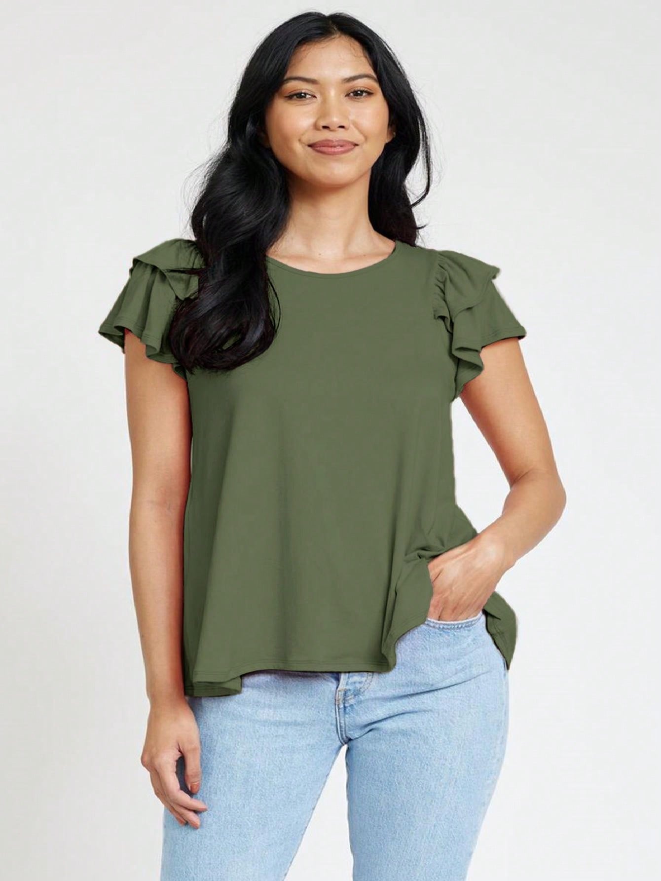 Soft Solid Double Ruffle Sleeve Shirt Top For  Shorts And Jeans  | 7 Colors | S-3X