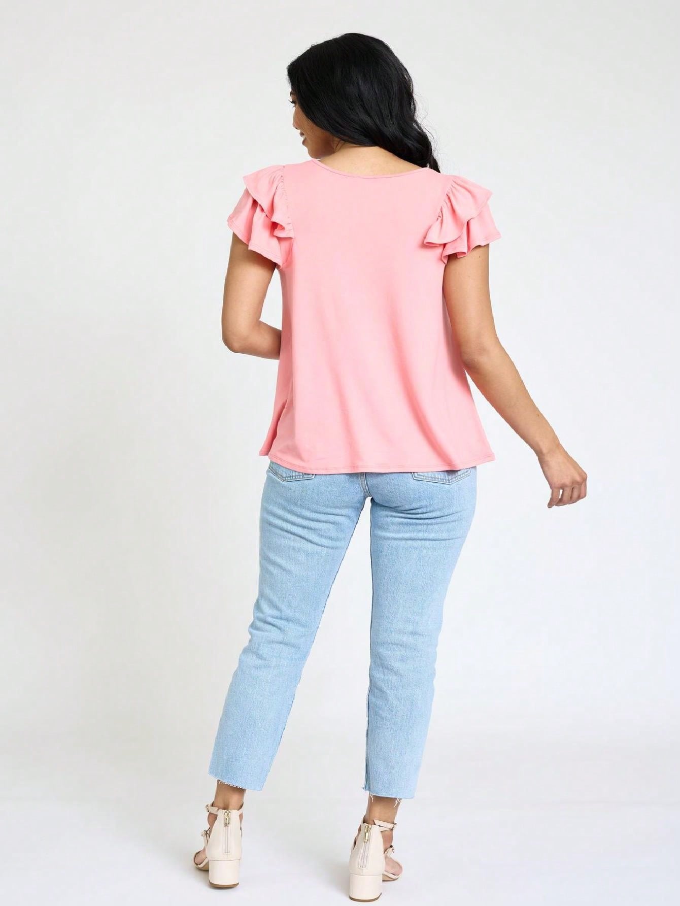 Soft Solid Double Ruffle Sleeve Shirt Top For  Shorts And Jeans  | 7 Colors | S-3X