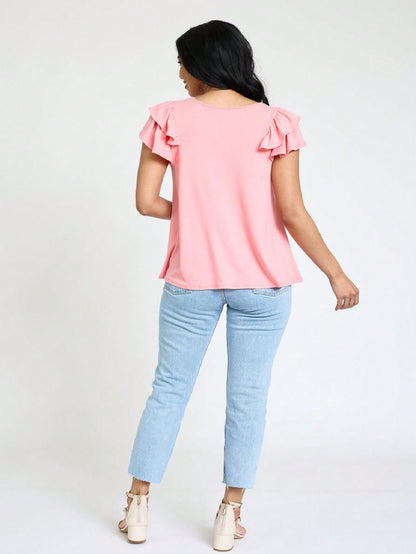 Soft Solid Double Ruffle Sleeve Shirt Top For  Shorts And Jeans  | 7 Colors | S-3X