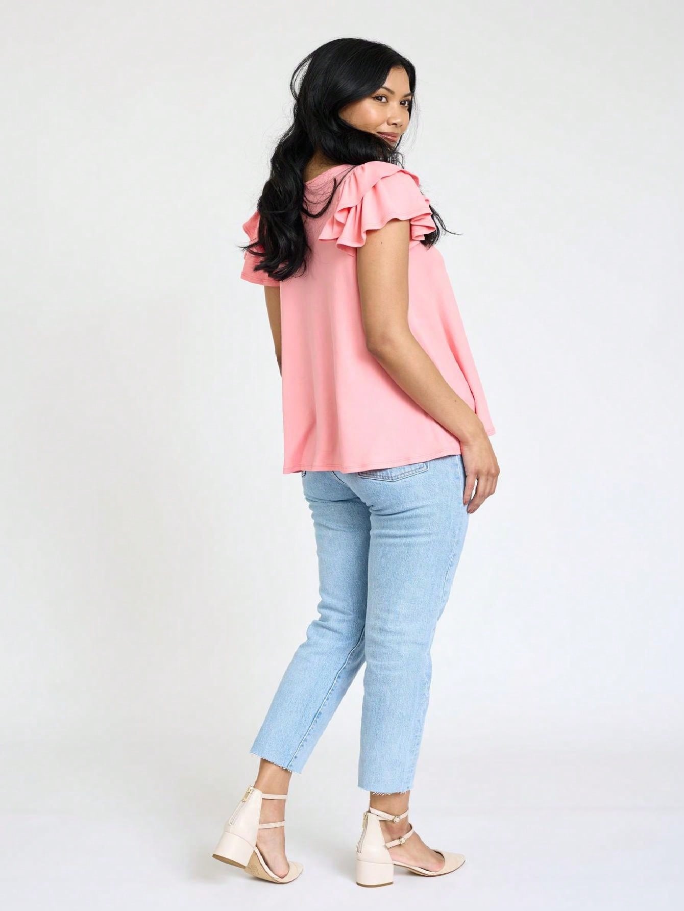 Soft Solid Double Ruffle Sleeve Shirt Top For  Shorts And Jeans  | 7 Colors | S-3X