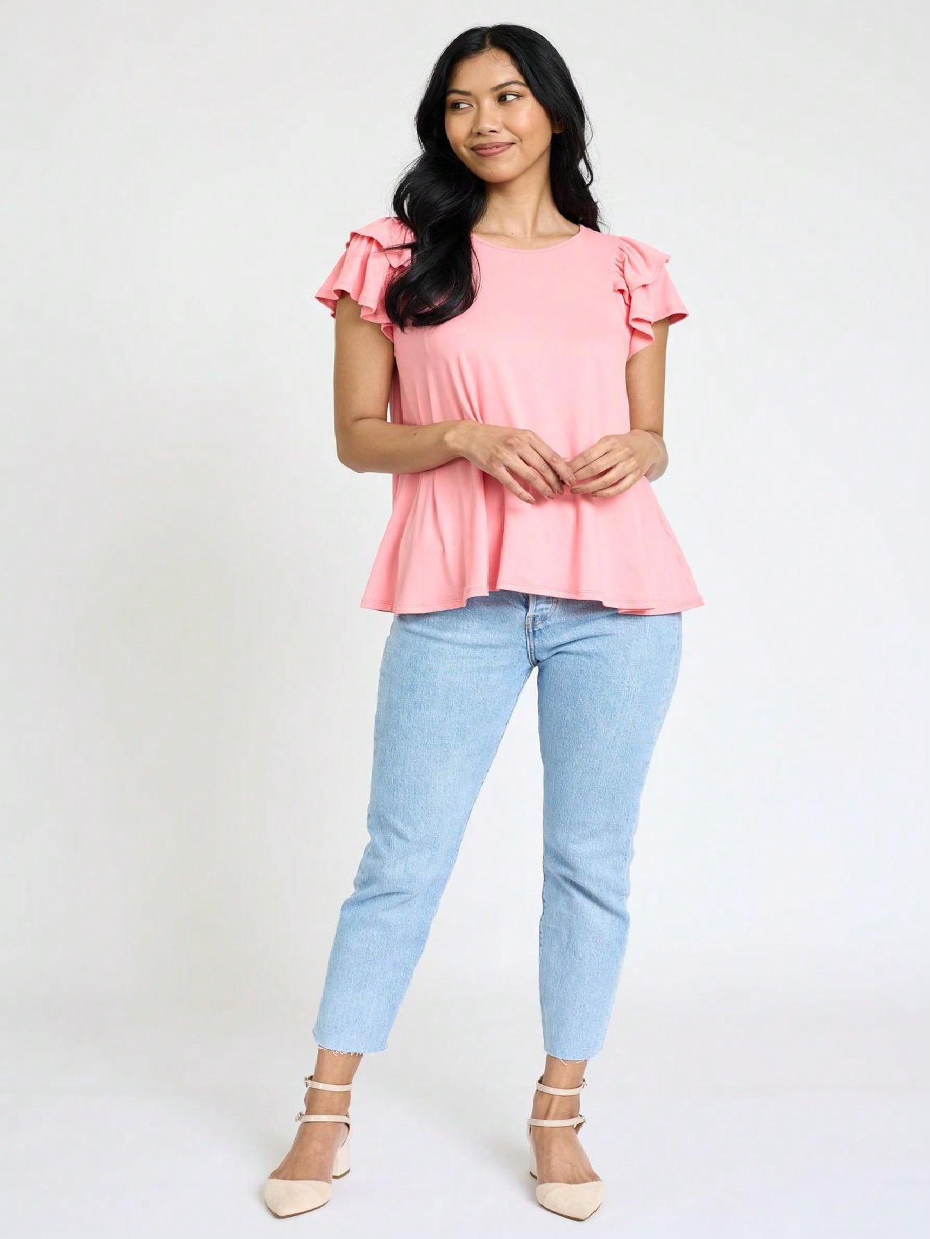 Soft Solid Double Ruffle Sleeve Shirt Top For  Shorts And Jeans  | 7 Colors | S-3X