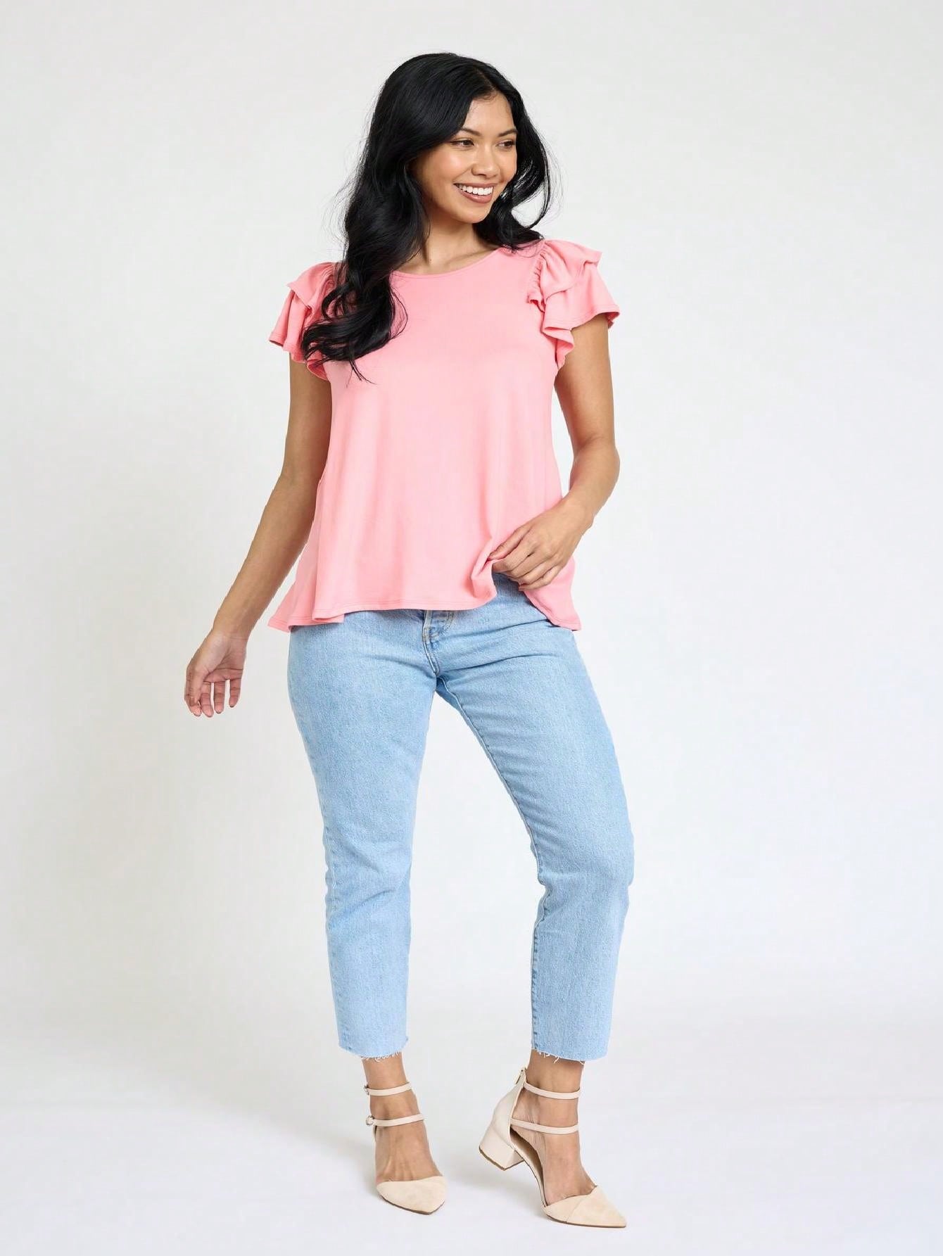 Soft Solid Double Ruffle Sleeve Shirt Top For  Shorts And Jeans  | 7 Colors | S-3X