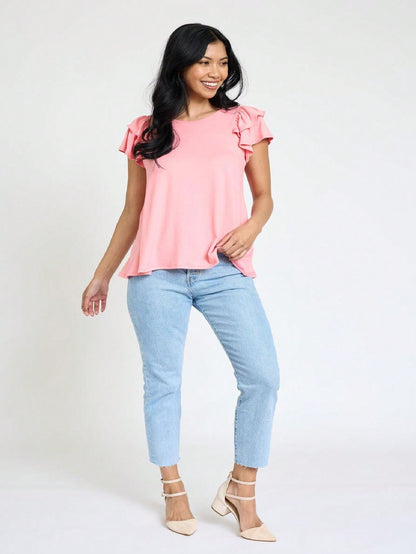 Soft Solid Double Ruffle Sleeve Shirt Top For  Shorts And Jeans  | 7 Colors | S-3X