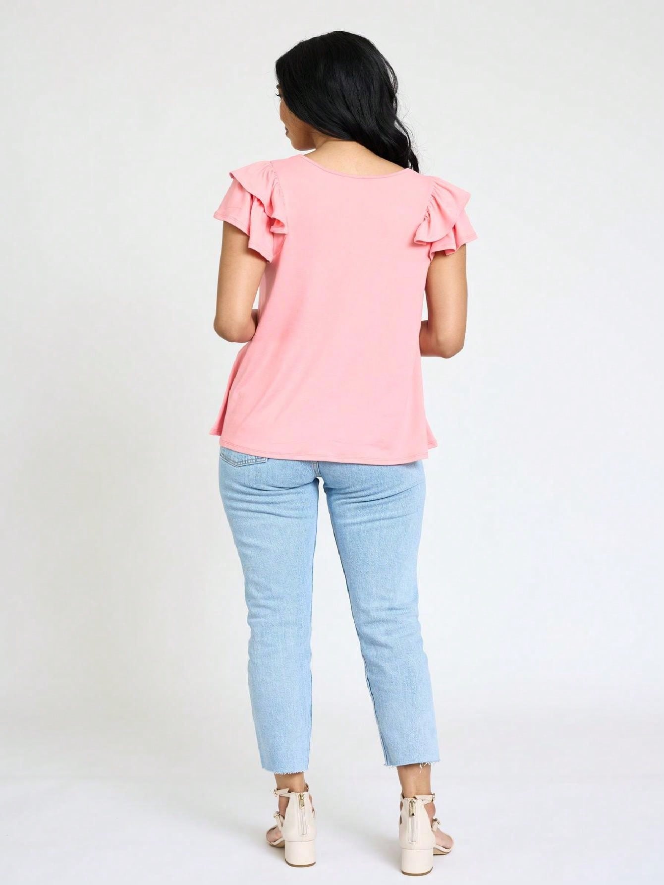 Soft Solid Double Ruffle Sleeve Shirt Top For  Shorts And Jeans  | 7 Colors | S-3X