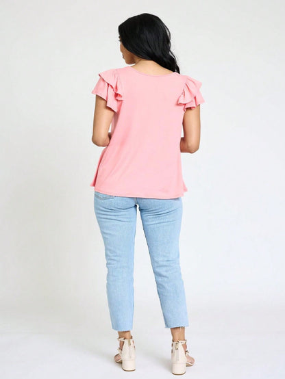 Soft Solid Double Ruffle Sleeve Shirt Top For  Shorts And Jeans  | 7 Colors | S-3X