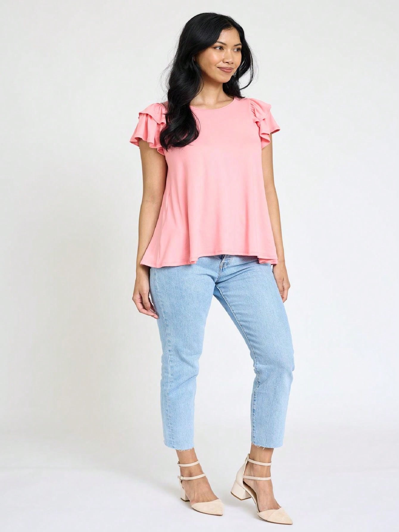 Soft Solid Double Ruffle Sleeve Shirt Top For  Shorts And Jeans  | 7 Colors | S-3X