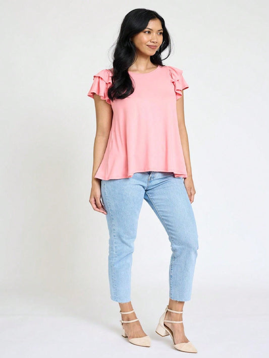 Soft Solid Double Ruffle Sleeve Shirt Top For  Shorts And Jeans  | 7 Colors | S-3X